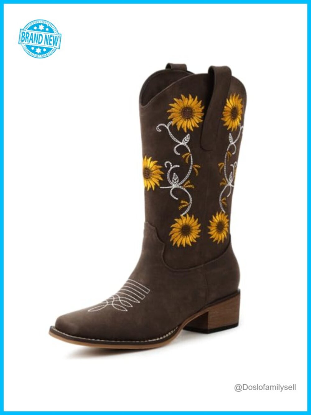Square Toe Cowboy Boots – Mid Calf Western Boots with Sunflower Embroidery,
